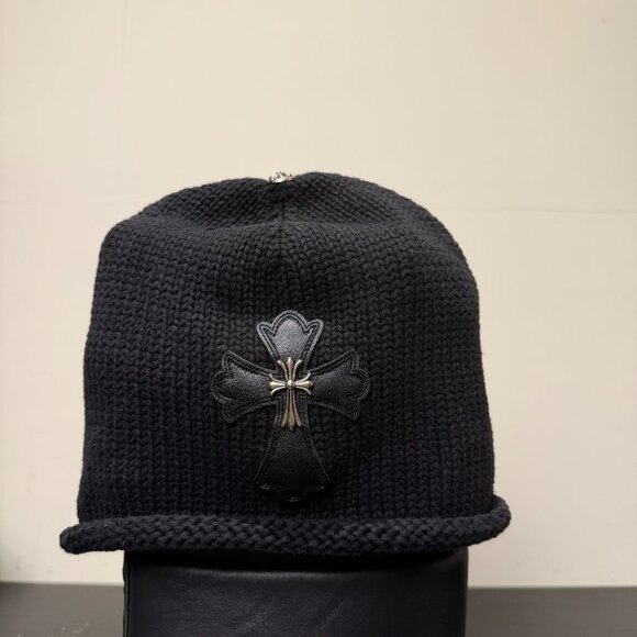Chrome Hearts Cashmere Beanie – Sterling Silver Cross & Leather Patch (Black)